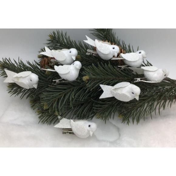 Songbird Ornaments Mini Tree Clip on Set 8 White Christmas White Glitter - Picture 5 of 7
